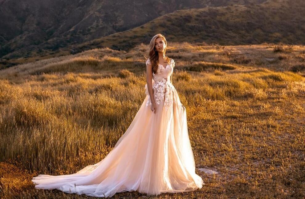 Elegant Open Back Wedding Dresses gowns 2022 Capped Sleeves Lace Appliques Summer Garden Boho Tulle Bridal Gowns With Train