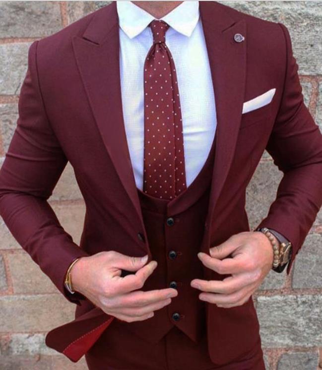 Groom Tuxedos Burgundy Prom Wedding Men Suit Slim Fit Wedding Wear Formal Suit For Men (Jacket+Pants+Vest)
