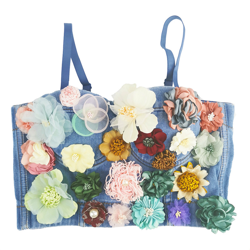 Women Blue Denim Multicolor Floral Embroidery Bralette with Colorful Three-Dimensional Cups and Flowers Appliques Fashion Crop Top Tube Top