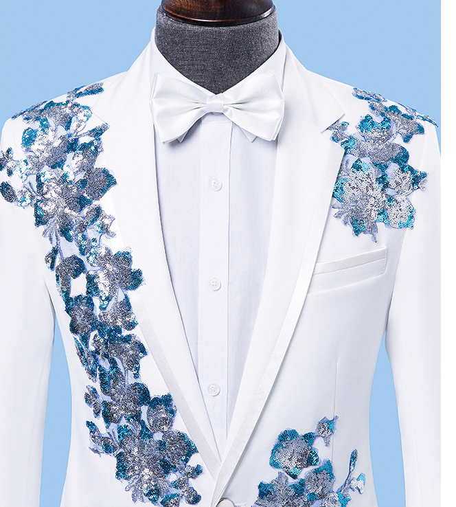 Sequins Applique Groom Wedding Tuxedos Slim Fit One Button Mens Pants Suits Best Men Wear 2 piece Formal Blazer In Stock