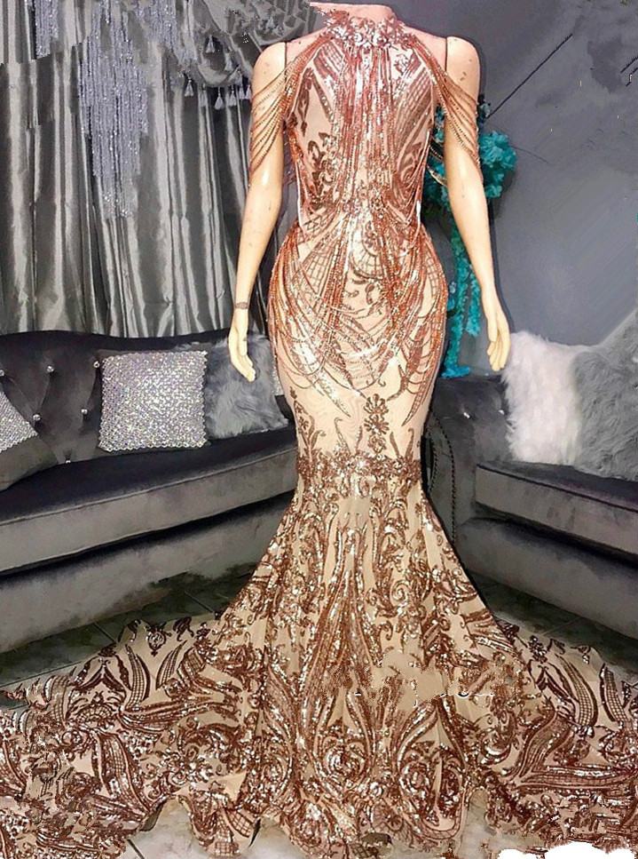 2019 Mermaid Prom Dresses Lace Sequins Beads High Neck Sweep Train Arabic Evening Dress Tassel Custom Made Special Occasion Gowns
