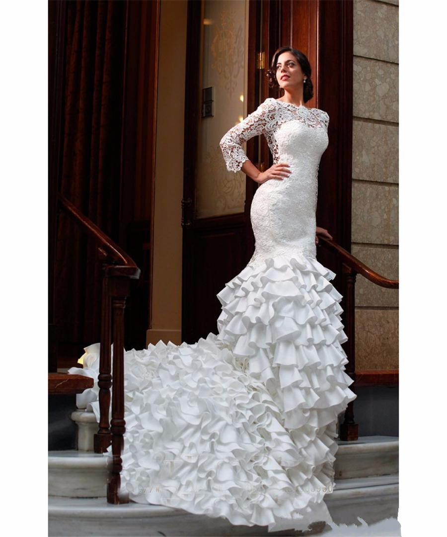 lace mermaid wedding dress bateau neck backless ruffles long sleeve white robe de mariage wedding dress vestidos de novia bridal gowns