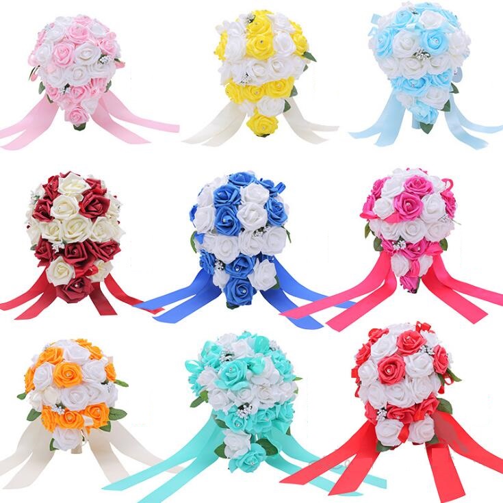Bridal Wedding Bouquets PE rose Flowers Rose falls bouquet with bling pearls Wedding Bouquet flowers WQ65