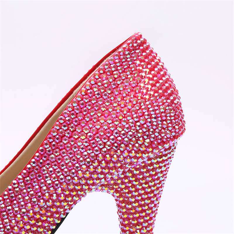 Shiny Full Fuchsia Diomond Wedding Shoes Pumps High Heels Bridal Shoes 5cm 8cm 11cm 14cm Bling Bling Prom Shoes for Lady