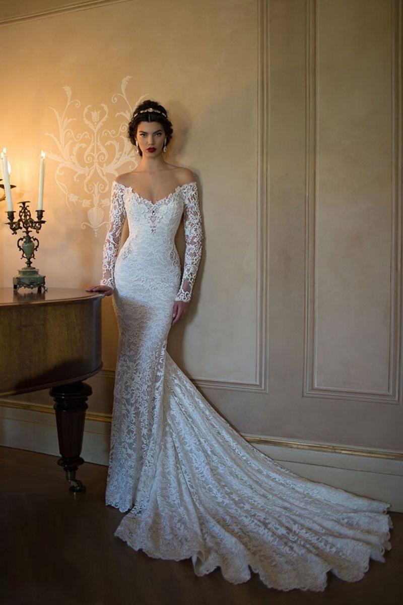 Long Party Evening Dresses beige lace long sleeve v-neck lace mermaid bride Berta 2020 New lace the Bohemian dress sexy evening gown