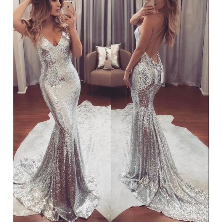 Sexy Sparkly Silver Mermaid Evening Dresses Open Back Sleeveless Prom Dress Sweep Train Sequins Formal Dresses