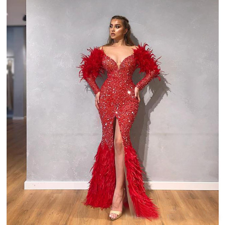 arabic aso ebi red sparkly prom dresses feather mermaid deep v neck pageant dress long sleeve high front split formal party gowns
