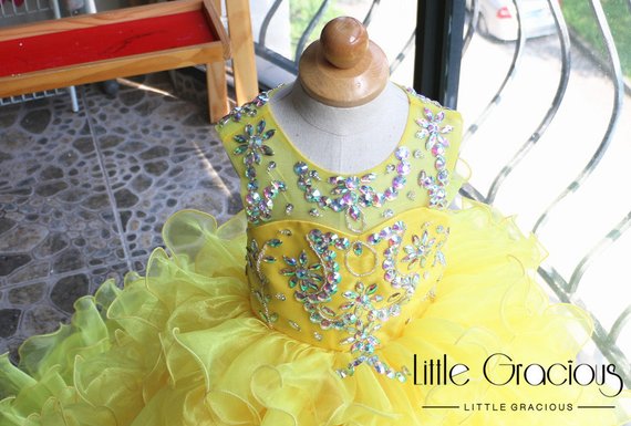 Yellow Flower Girl Dresses Jewel Neck Crystal High Low Ruffles A Line Girls Pageant Dress Hollow Back Kids Formal Gowns