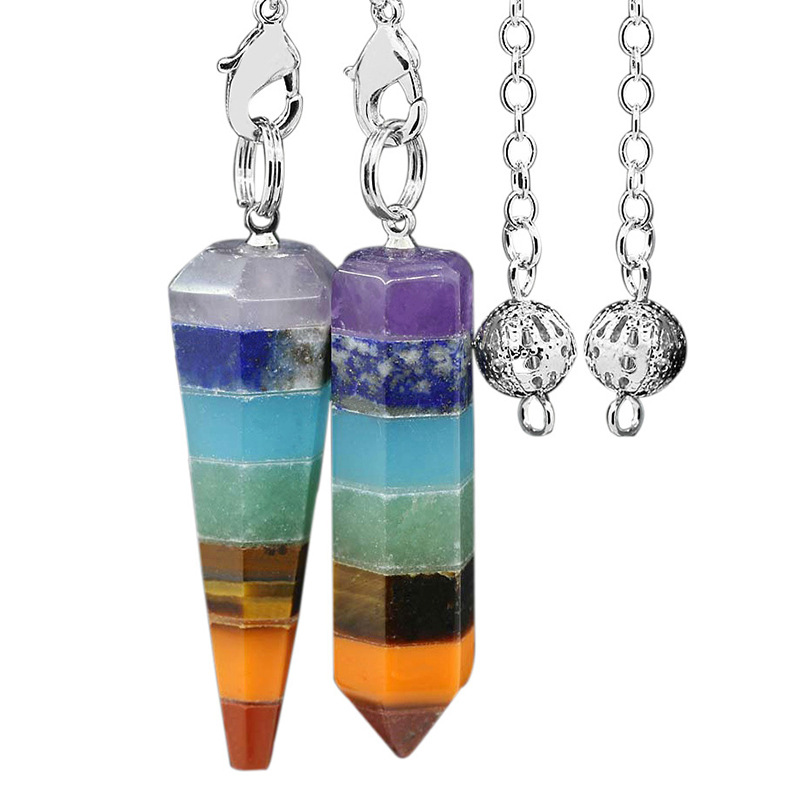 Hot Reiki Charm Pyramid 7 Colors Natural Gem Stone Rainbow Layered Dowsing Healing Point Pendant Chain Pendulum Gifts