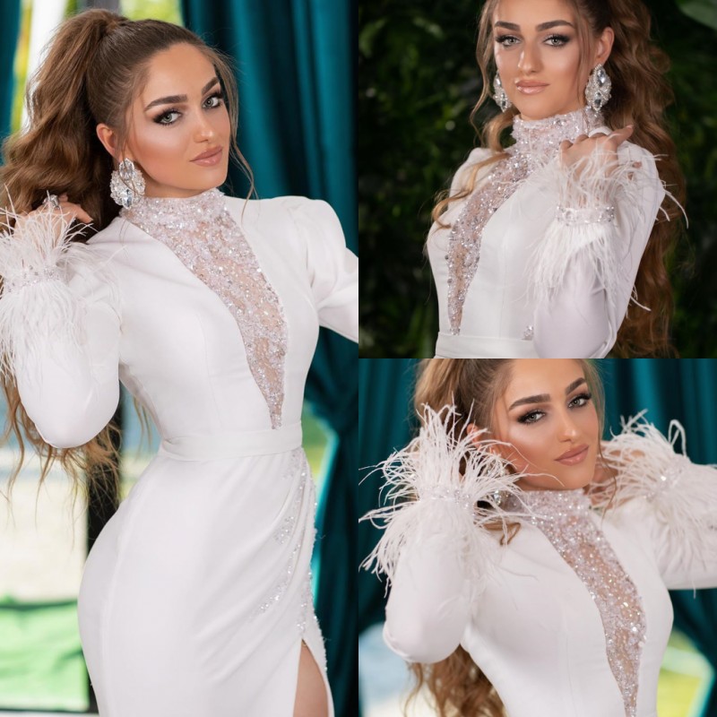 High Neck Evening Dresses With Feather Long Sleeve robe de soiree Sexy Split Front Mermaid Evening Gowns