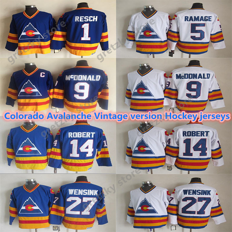 Men's Colorado Avalanche Vintage jerseys 9 MCDONALD 14 ROBERT 1 RESCH 27 WENSINK 5 RAMAGE CCM Throwback Hockey Jerseys, Black;red
Men's Colorado Avalanche Vintage jerseys 9 MCDONALD 14 ROBERT 1 RESCH 27 WENSINK 5 RAMAGE CCM Throwback Hockey Jerseys, Black;red