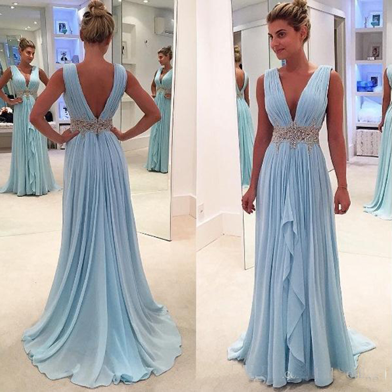 Light Sky Blue Chiffon A Line Evening Dresses Long Deep V Neck Beaded And Appliques Sash Prom Dresses With Pleats
