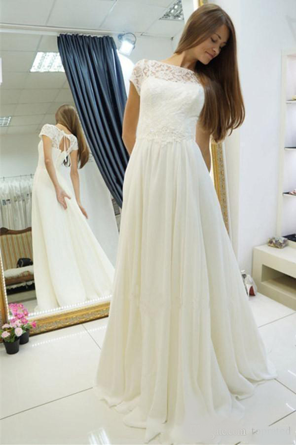2020 Lace Chiffon A-line Beach Boho Wedding Dresses With Cap Sleeves Bridal Gowns Corset Back Summer Beach Informal Wedding Dresses