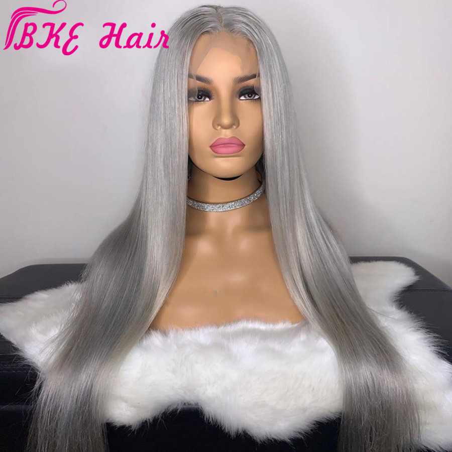 Natural Long Silky Straight Silver Grey Color brazilian full lace front wig High Density Heat Resistant Glueless Synthetic Wigs for women