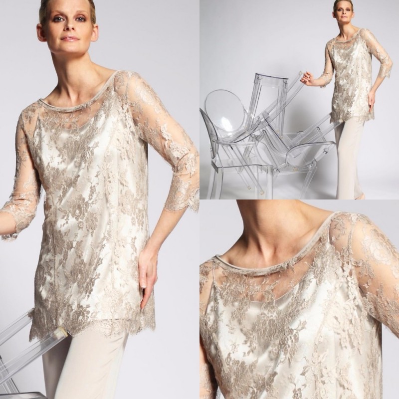 cheap chiffon mother of the bride pant suits jewel neck lace appliqued evening gowns plus size wedding guest dresses