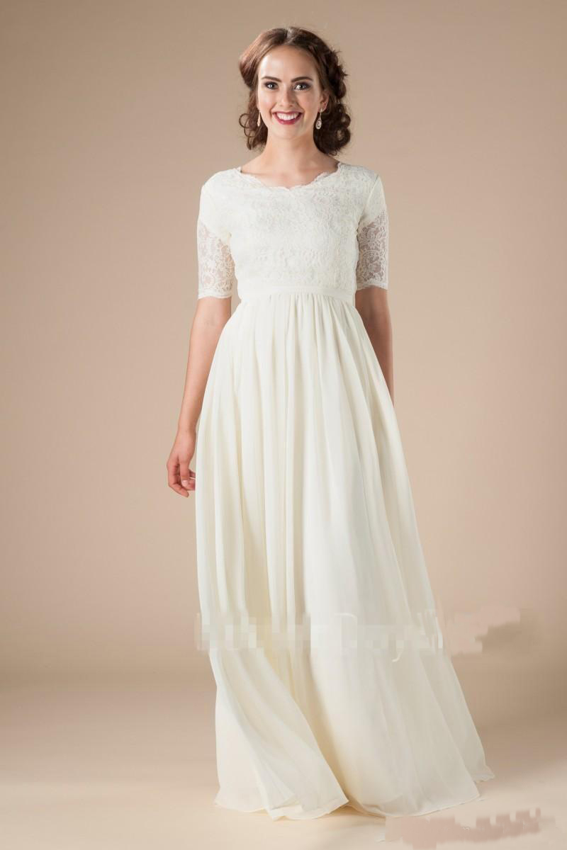 Modest Lace Chiffon Wedding Dresses With Short Sleeves Boho Bridal Gowns Aline Floor Length Reception Informal Dress 0521