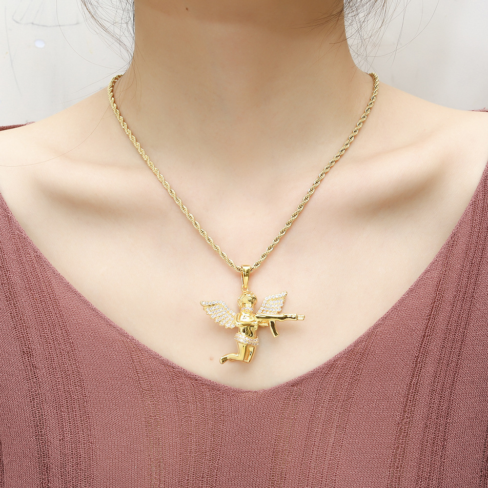 Hip Hop Revenge Angel with Gun Pendant Necklace Full Zircon Winging Angel Men Women Lover Couple Jewelry