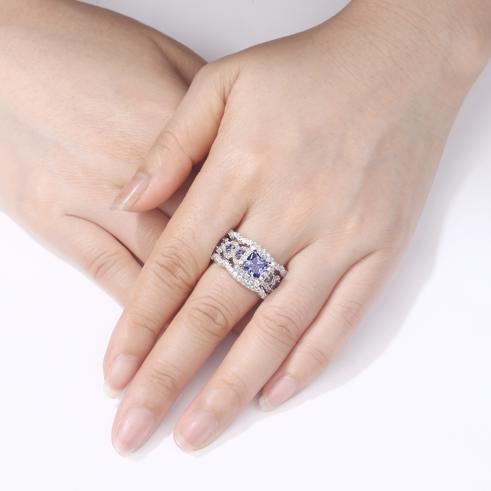 Wuziwen Purple Blue Princess Cut Tanzanite Gemstone Wedding Ring Set For Women Classic Jewelry 3 Pcs 925 Sterling Silver Rings CJ191210