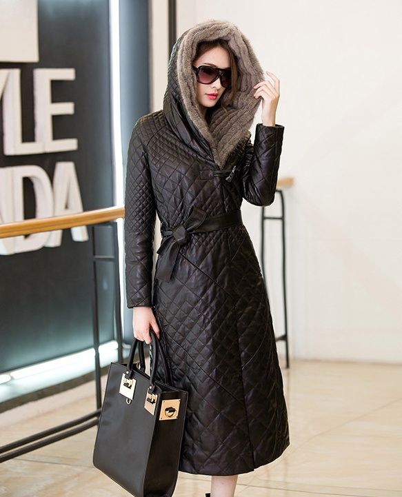 women winter hooded coats long sleeves leather jacket knee length slim fit heavy fur collar cottonpadded clothes in stock