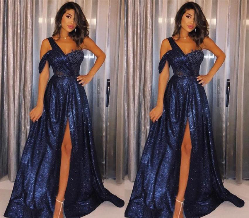 Sexy Blue Color Prom Dresses 2019 One Shoulder Sequined Split Holidays Graduation Wear Evening Party Gowns Custom Made Plus Size