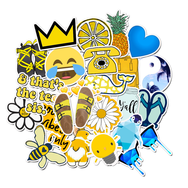100pcs/Set Outdoors Sun Yellow Blue Aesthetic Sticker Pack Vinyl Waterproof Trendy Water Bottle Laptop Stickers Decal Graffiti Patches