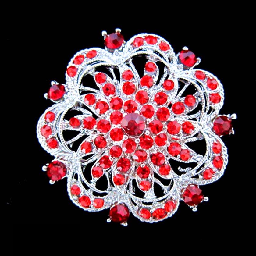Silver Tone Large Rhinestone Crystal Round Flower Brooch