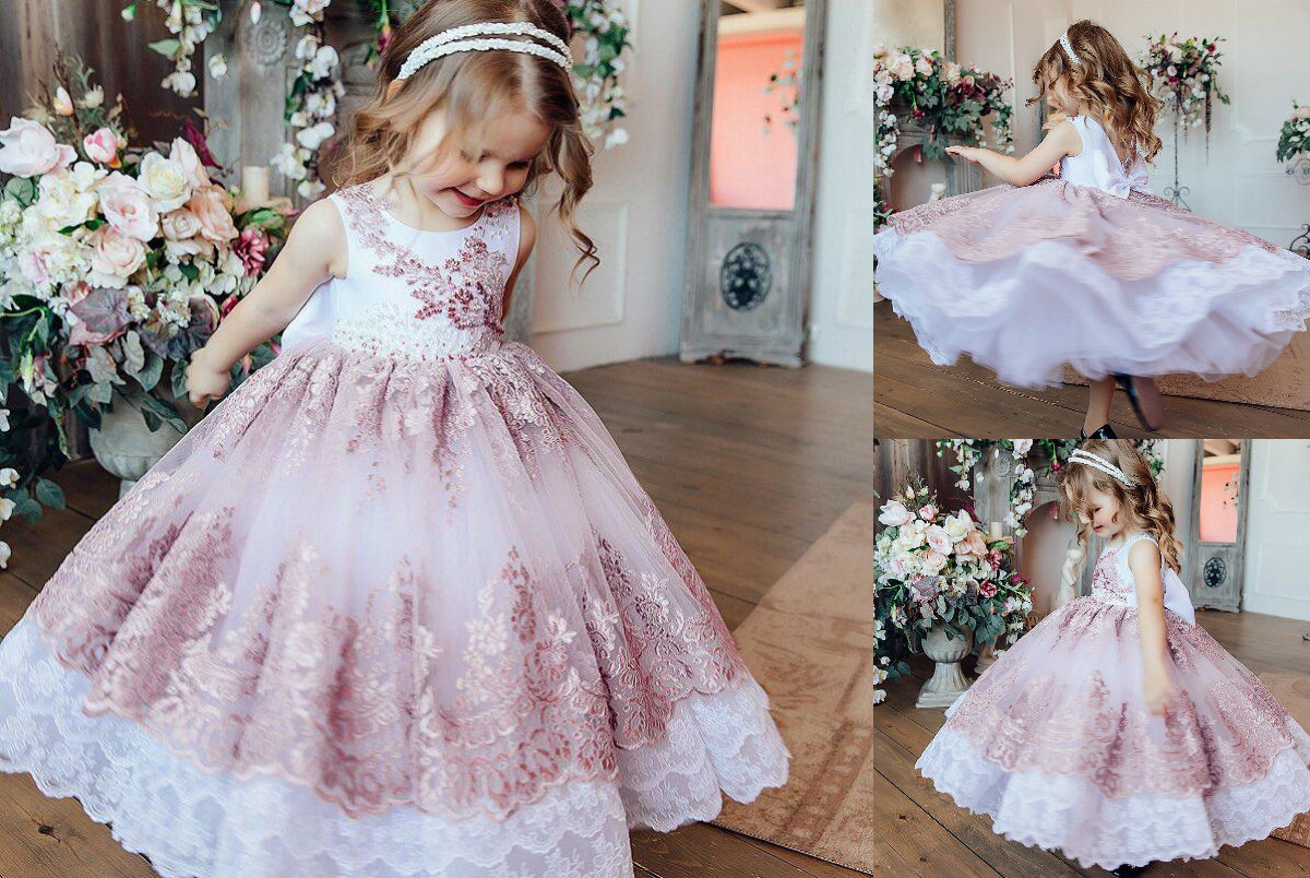 2020 Lovely Flower Girl Dresses for Weeding Ball Gowns Ankle Length Beautiful Appliqued Lace Dress Girls Formal Pageant Gowns