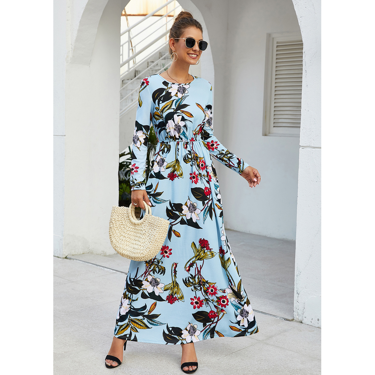 2019 new winter explosion models in Europe and pocket printing long-sleeved round neck dress waist dress