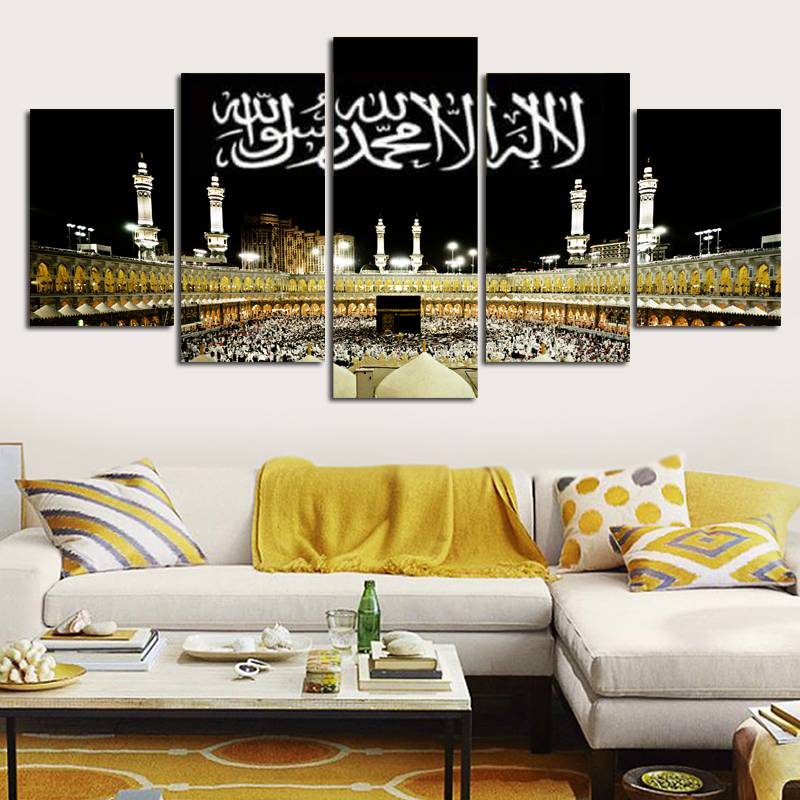 No Frame 5 Pieces Wall Art Canvas Print Mecca Painting Islamic Mosque Home Decor Pictures