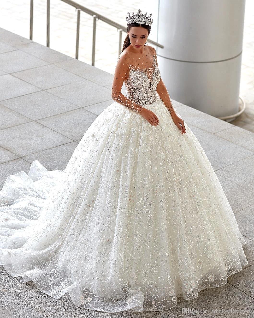 Long Sleeves Lace Ball Gown Dresses Beaded 3D ral Appliqued Arabic Bridal Gowns Plus Size Country Wedding Dress