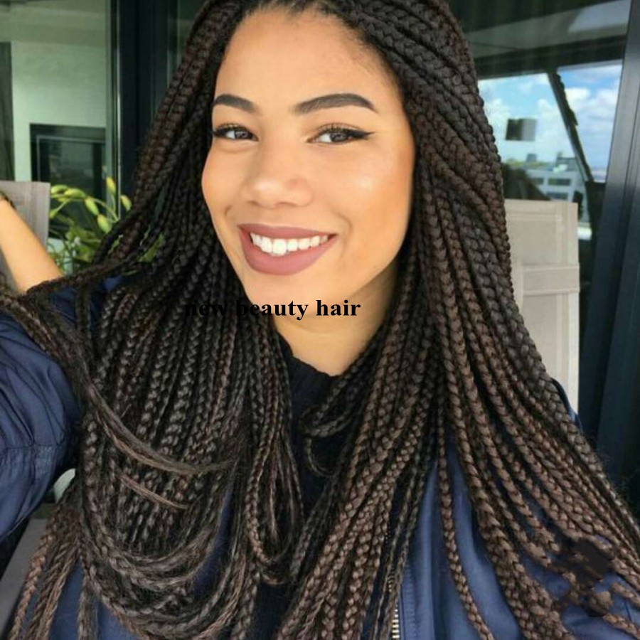 Dark brown full lace front Braided Wigs Heat Resistant Fiber Hair Glueless africa american women box Braided Wigs With Baby Hair