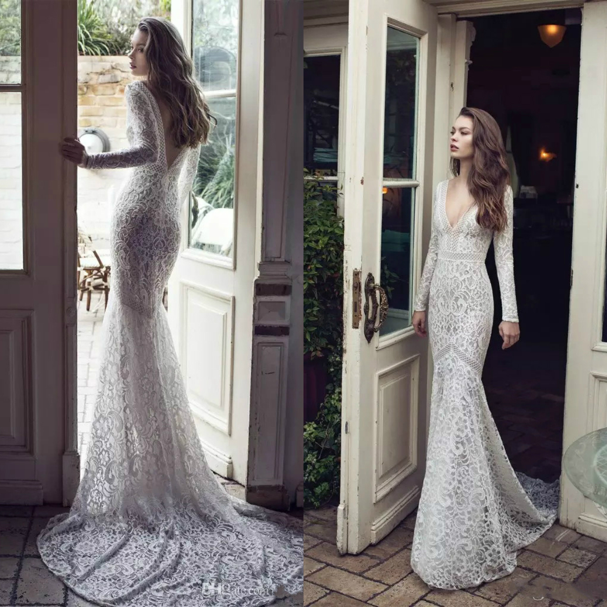 2019 Gorgeous Mermaid Lace Wedding Dresses Long Sleeve Deep V Neck Trumpet Bridal Gowns Beach Sweep Train Wedding Dress