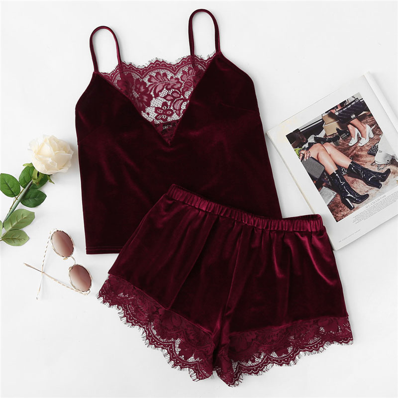 2018 Lace Trim Velvet Cami & Shorts Pajamas Set Women Burgundy Plain Spaghetti Strap Sleeveless Sexy Summer Sleepwear
2018 Lace Trim Velvet Cami & Shorts Pajamas Set Women Burgundy Plain Spaghetti Strap Sleeveless Sexy Summer Sleepwear