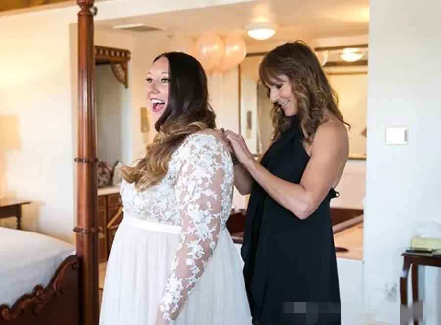 Plus Size Country Dresses 2020 New Arrivals Long Sleeves Illusion Back Lace Applique Chiffon Beach Wedding Gown Vestido De Novia