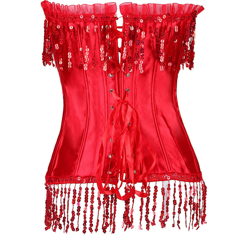 Women Sequined Tassels Overbust Corset with Lace Frill Trim and Satin Bows Details Sexy Lace-up Beading Bustier G-string Set