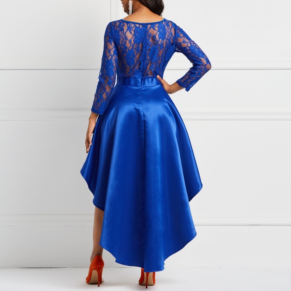 Evening Party Date Asymmetric Satin Hollow Out Floral Lace Long Dress Women Spring Summer Royal Blue Burgundy Red Maxi Dresses J190611