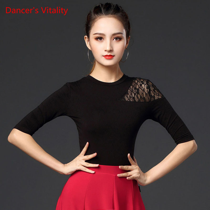 

Latin Dance Temperament Shirt New National Standard Ballroom Dancing Clothing Profession Practice Clothes Tops Female Adults, Black