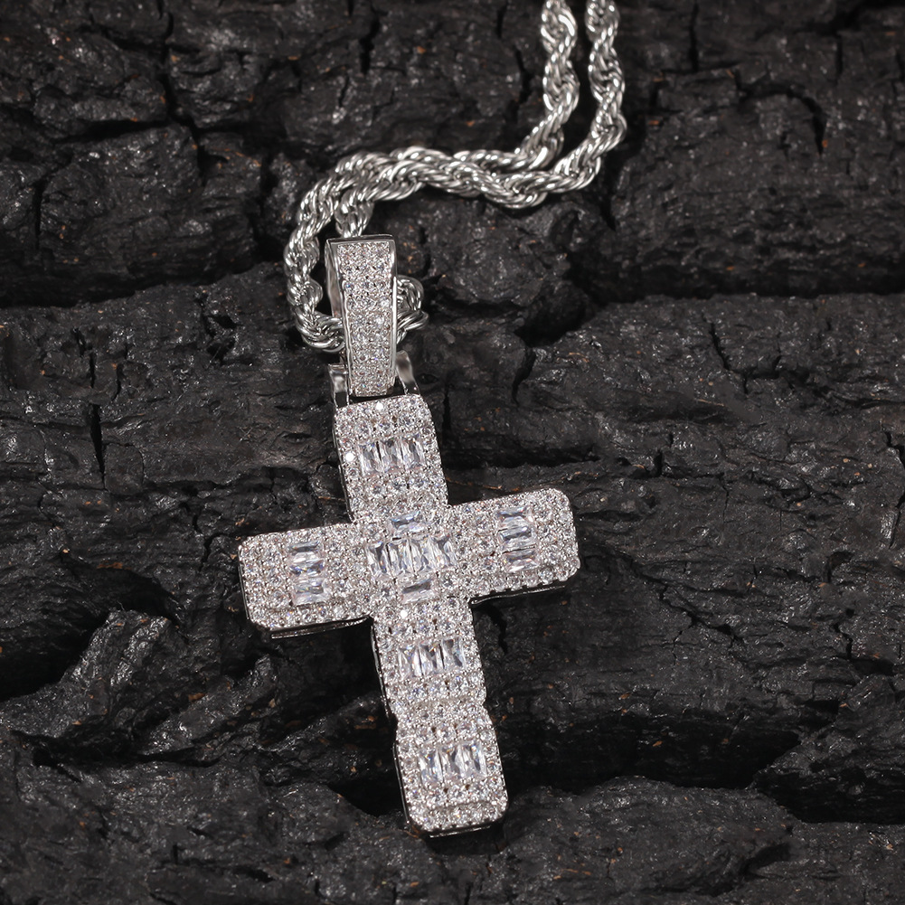 Hip Hop Shining White Zircon Cross Pendant Necklace Platinum Plated Necklace Men Women Lover Gift Religious Jewelry