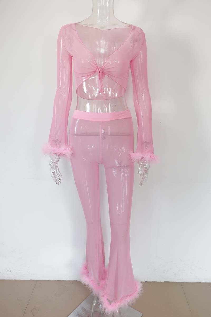 Women's 2-Piece Pink Mesh Tracksuit: Cute Faxu Fur Crop Top And Flare Pants Set For Sexy Party Outfits