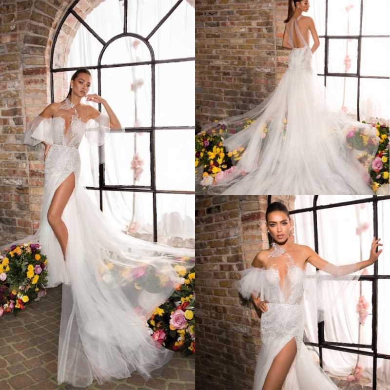 elihav sasson mermaid wedding dresses sexy side split lace appliqued sheer neck beach boho bridal gowns robe de marie