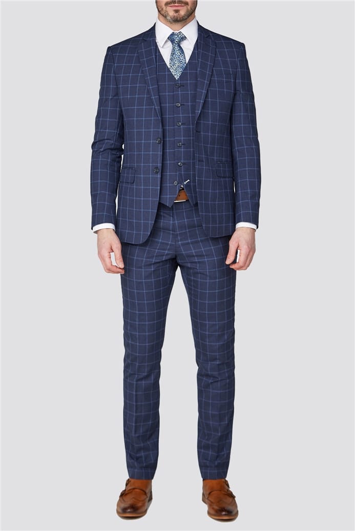 Newest Check Groom Wear Tuxedos Navy Blue 3 Pieces Men Pant Suits Notched Lapel Formal Gentlemen Formal Wedding Blazer
