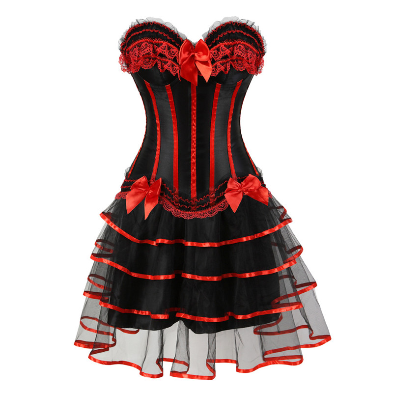 Big Plus Size 6XL Ruffle Lace Bow Burlesque Satin Corset Top with Tier Tulle Tutu Skirt Dance Corset Halloween Costume Dress Outfit Clubwear
