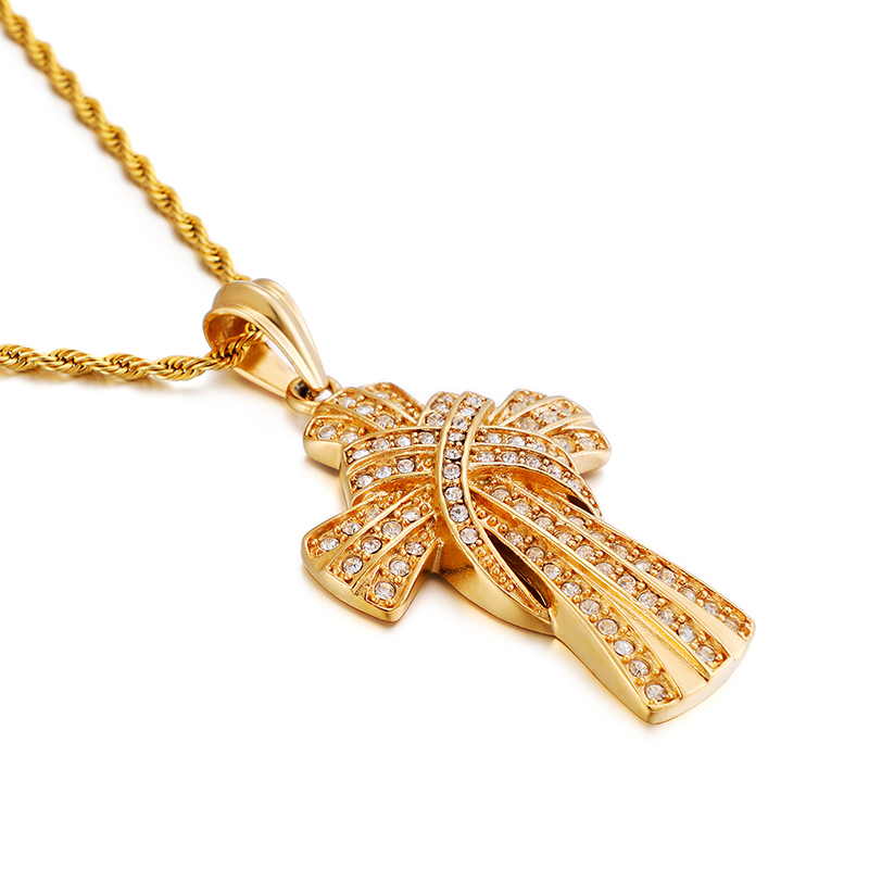 Men Hip Hop Domineering Cross Pendants Necklace 316L Stainless Steel Cubic Zirconia Setting 18K Gold Plated Jewelry