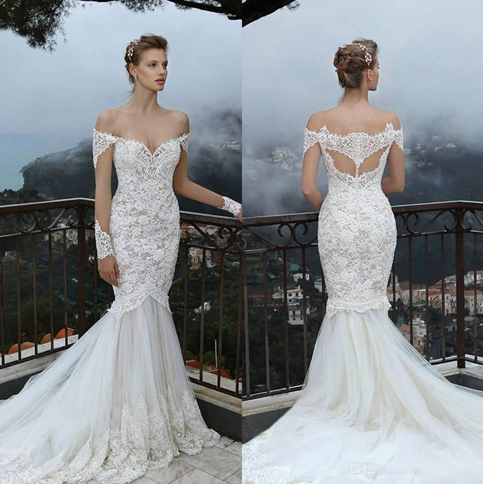 Elegant Lace Mermaid Wedding Dresses With Sheer Long Sleeves Off The Shoulder Bridal Gowns Sweep Train Tulle Trumpet Bohemia Wedding Dress