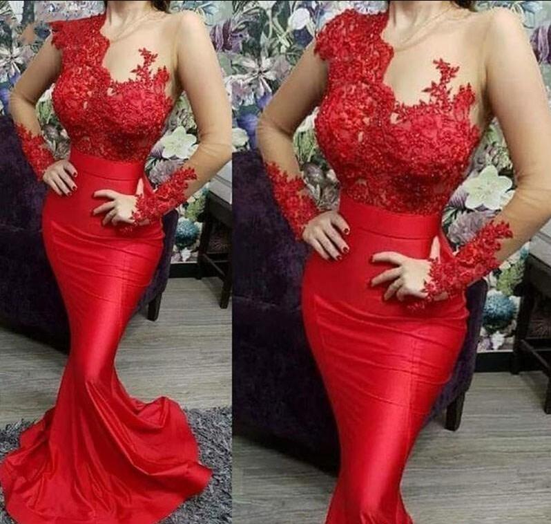 2020 Red Prom Dresses Sheer Long Sleeve Appliques Sexy Mermaid Illusion Top Satin Floor Length Vestidos de festa Formal Evening Gowns, Water melon
2020 Red Prom Dresses Sheer Long Sleeve Appliques Sexy Mermaid Illusion Top Satin Floor Length Vestidos de festa Formal Evening Gowns, Water melon