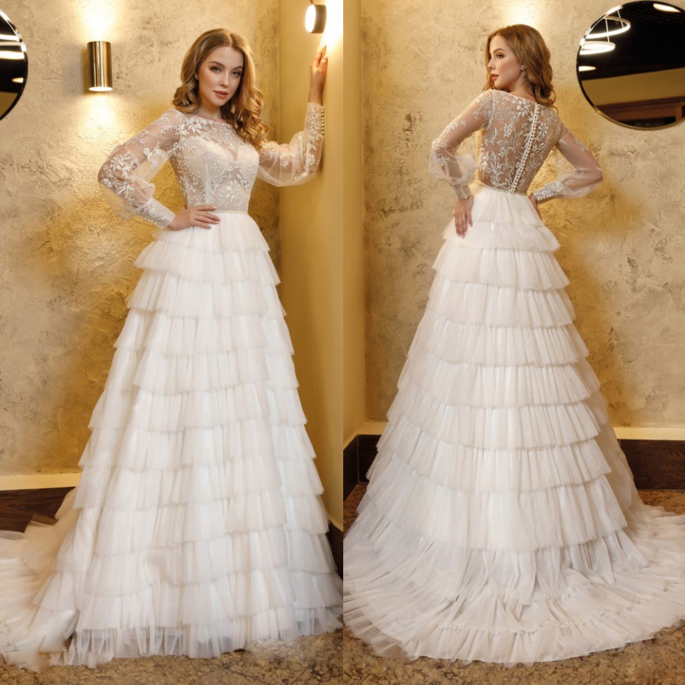 Fabulous Lace Tiered Wedding Dresses Sheer Bateau Neck Long Sleeves Bridal Gowns A Line Sweep Train Tulle robe de mariée, Pink
Fabulous Lace Tiered Wedding Dresses Sheer Bateau Neck Long Sleeves Bridal Gowns A Line Sweep Train Tulle robe de mariée, Pink