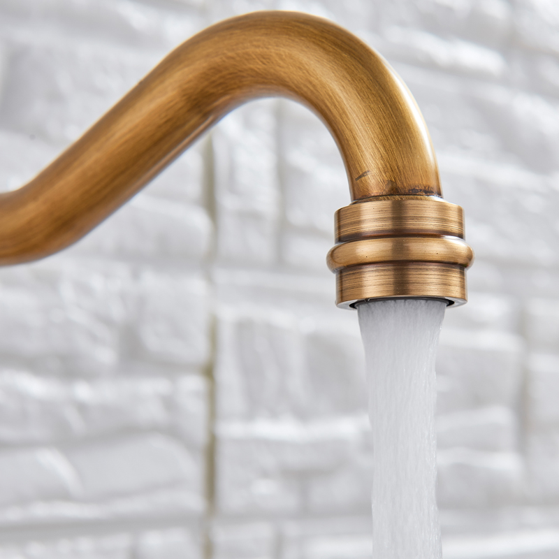 Antique Brass Dual Handle Kitchen Faucet Deck Mounted Ceramic Handle Kitchen Sink Tap Swivel Spout Hot Cold Water Kitchen Mixer