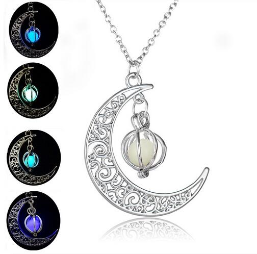 Glow In the Dark Pendant Necklaces For Women Silver Plated Chain Long Night Moon Necklaces Women Fashion Jewelry Necklaces GB65