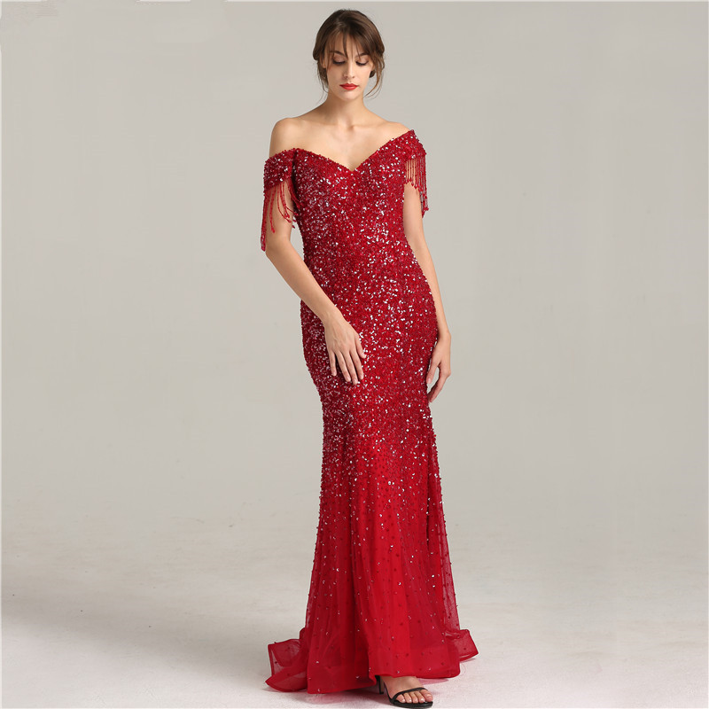 Red Tulle Mermaid Prom Dresses Beads Formal Evening Gowns V Neck Floor Length Sequins Cap Sleeves Party Dress