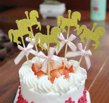 Cartoon Horse Cupcake Topper With Bow Tie Glitter Gold Carousel Wedding Birthday Party Cake Decoration DIY Handmade Cake Decor
